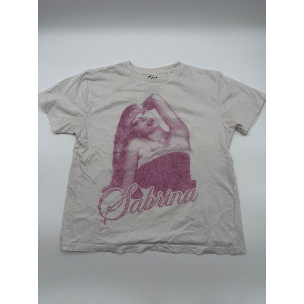 Sabrina Carpenter Official Pink Portrait Logo Graphic T-Shirt White Cream Medium